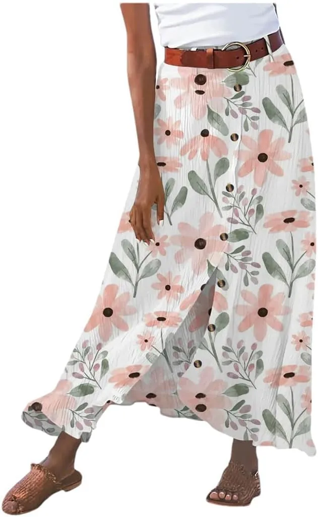 Women's Flowy Boho Button Front Maxi Skirt Summer Cotton Linen Floral Casua Loose A-Line Beach Long Skirt