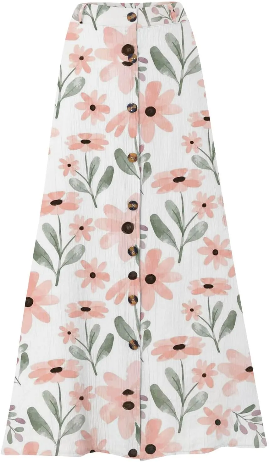 Women's Flowy Boho Button Front Maxi Skirt Summer Cotton Linen Floral Casua Loose A-Line Beach Long Skirt