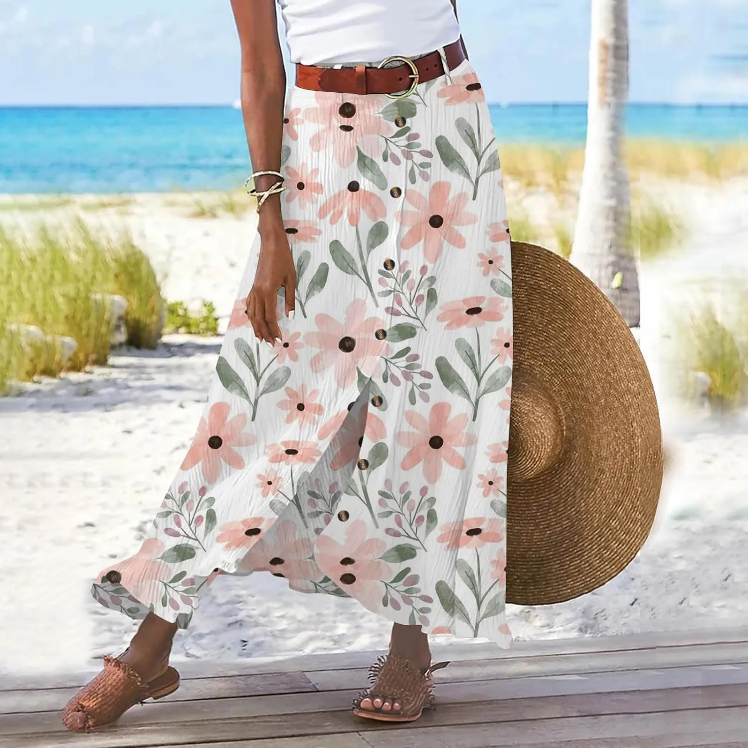 Women's Flowy Boho Button Front Maxi Skirt Summer Cotton Linen Floral Casua Loose A-Line Beach Long Skirt