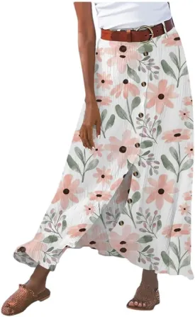 Women's Flowy Boho Button Front Maxi Skirt Summer Cotton Linen Floral Casua Loose A-Line Beach Long Skirt