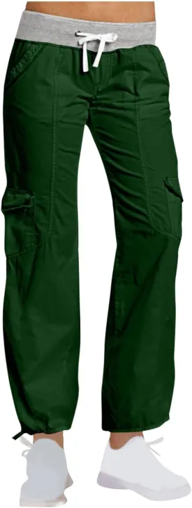 Womens High Waisted Stretchy Cargo Pants with Drawstring Straight Leg Baggy Athletic Trousers with Pockets