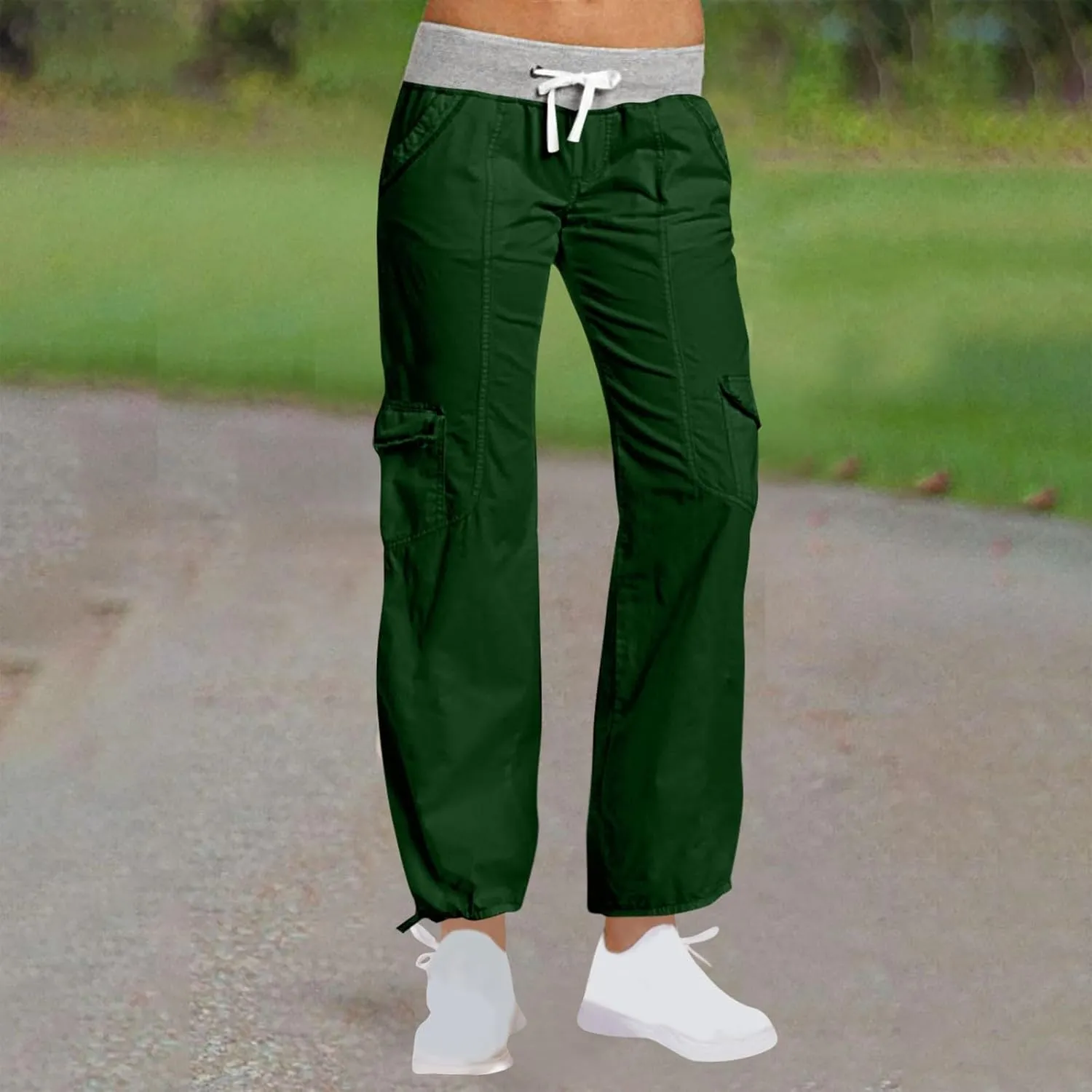 Womens High Waisted Stretchy Cargo Pants with Drawstring Straight Leg Baggy Athletic Trousers with Pockets