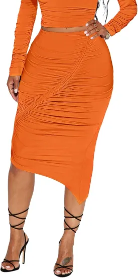Women??s Sexy Ruched Bodycon Midi Skirts High Waist Party Club Long Pencil Skirt