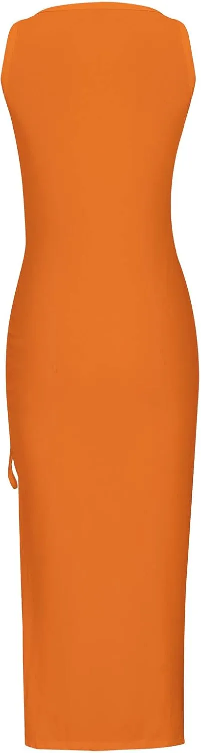 Womens Sexy Side Slit Draw/String Ruched Bodycon Casual Sun Maxi Dresses Sleeveless Ribbed Knit Tank Dress