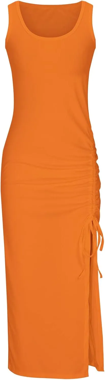 Womens Sexy Side Slit Draw/String Ruched Bodycon Casual Sun Maxi Dresses Sleeveless Ribbed Knit Tank Dress