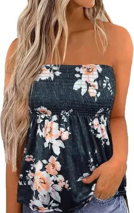 Womens Smocked Strapless Bandeau Tube Tops Floral Ruffled Tank Tops Sleeveless Backless Bandeau Tunic Shirts