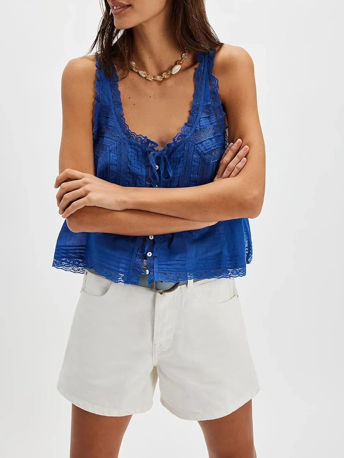 Womens Summer Flowy Tank Top with Lace Trim Button Down Chiffon Cami Shirt Boho Tie Front Ruffle Tank Crop Tops