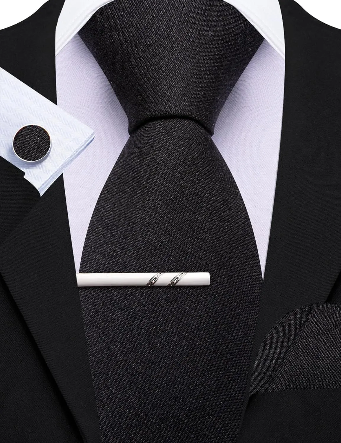 YOHOWA Extra Long Ties for Men Solid Color Cotton Wool Necktie and Pocket Square Cufflinks Tie Clip Sets Business Wedding