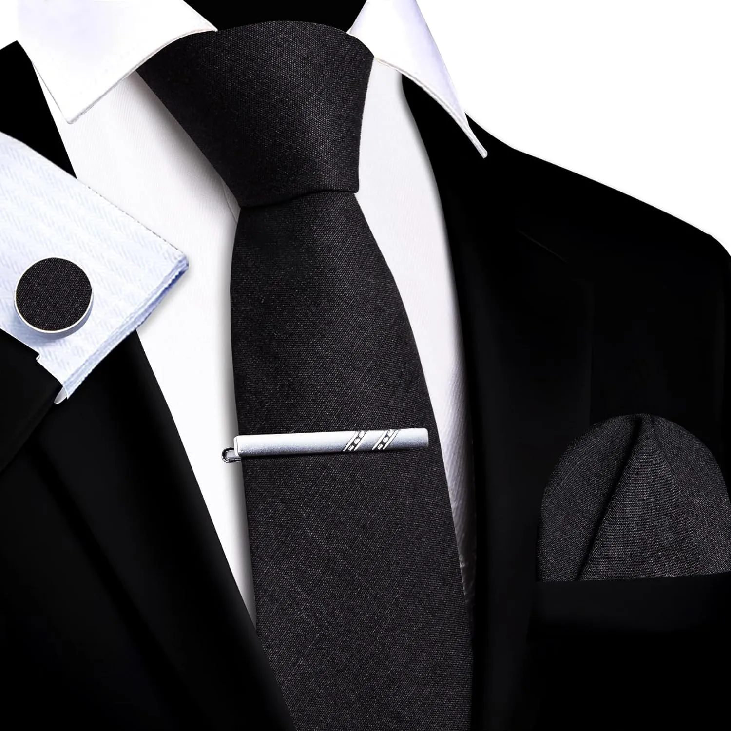 YOHOWA Extra Long Ties for Men Solid Color Cotton Wool Necktie and Pocket Square Cufflinks Tie Clip Sets Business Wedding